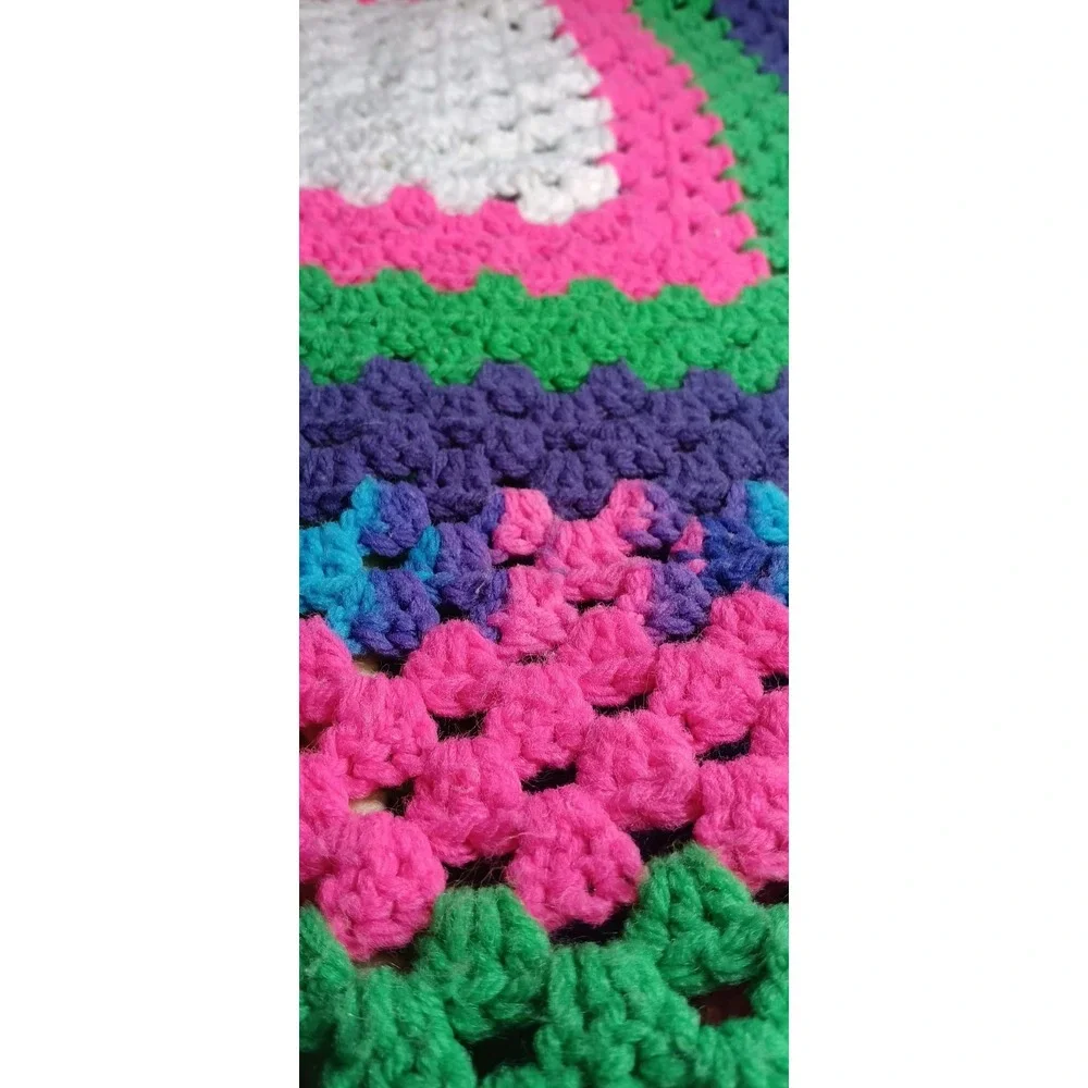 Crochet  granny square afghan blanket sofa throw 44 X 44 Neon Rainbow